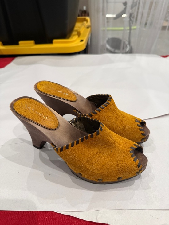 Nine West Shoes - Nine West Women's Mustard Suede Peep-Toe Wedge Clogs